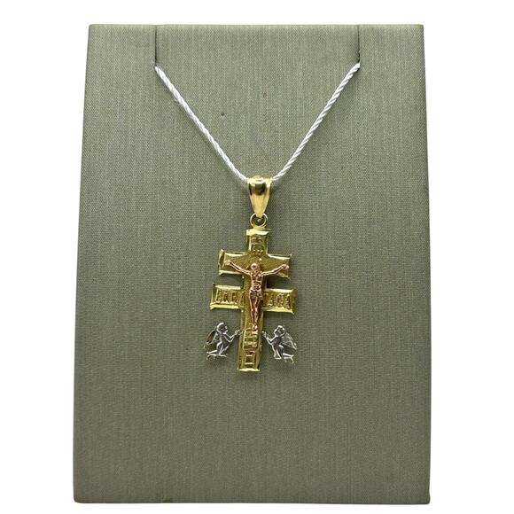 14K Tri-Tone Crucifix Double Bar Cross Pendant (12216) - Picture 2 of 6